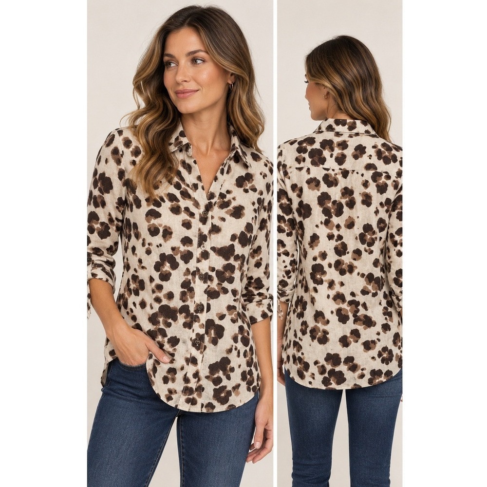 JM Collection Leopard Print Linen Shirt Women 8P Safari Coastal Tie Sleeve Top